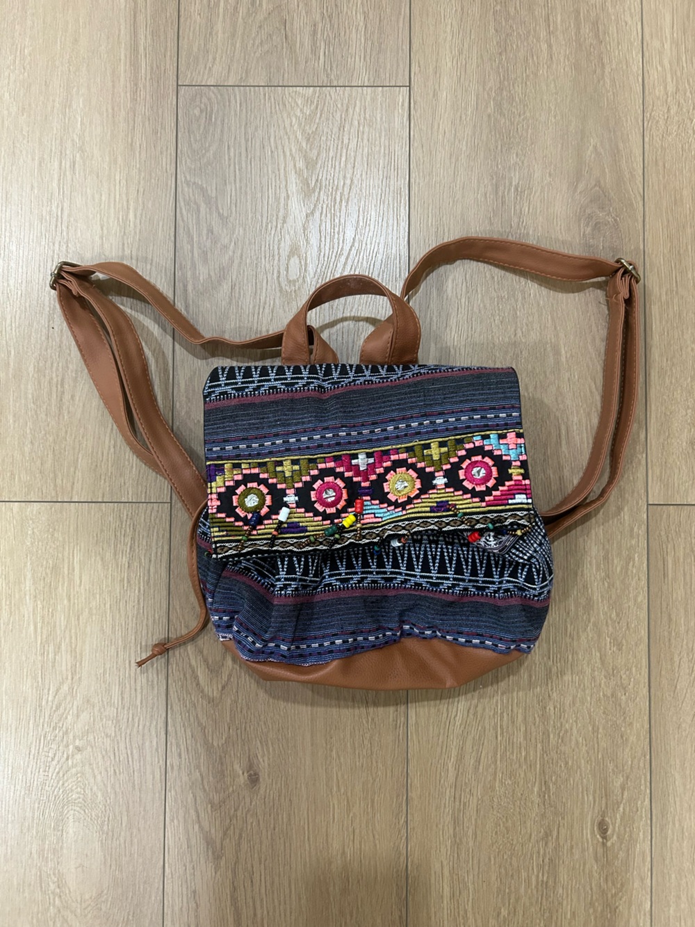 Boho Embroidered Small Backpack - Brown with Multicolor Accent